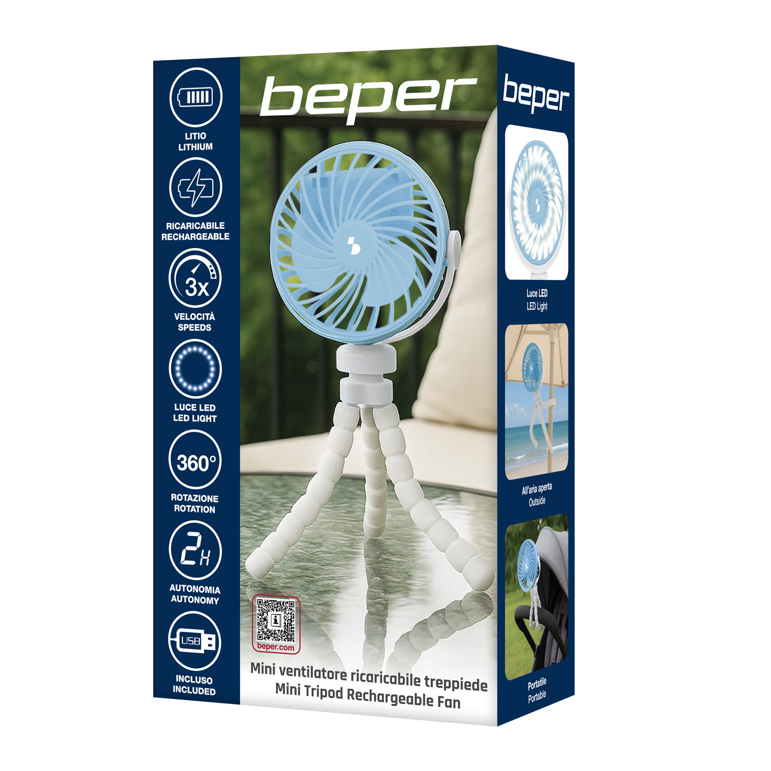Un mini ventilatore Beper blu con treppiede, 3 velocità, luce LED e rotazione a 360°.