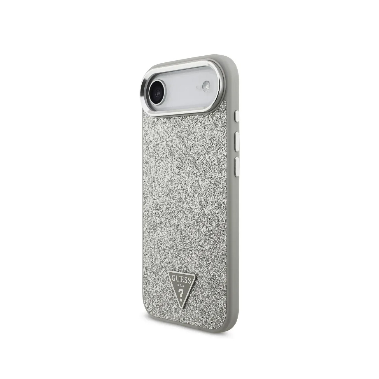 Funda de teléfono gris con purpurina y logo Guess plateado.