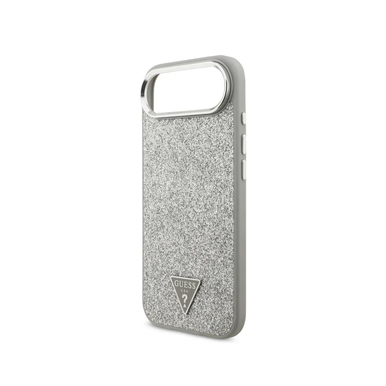 Funda de teléfono gris con acabado de purpurina y logo Guess.