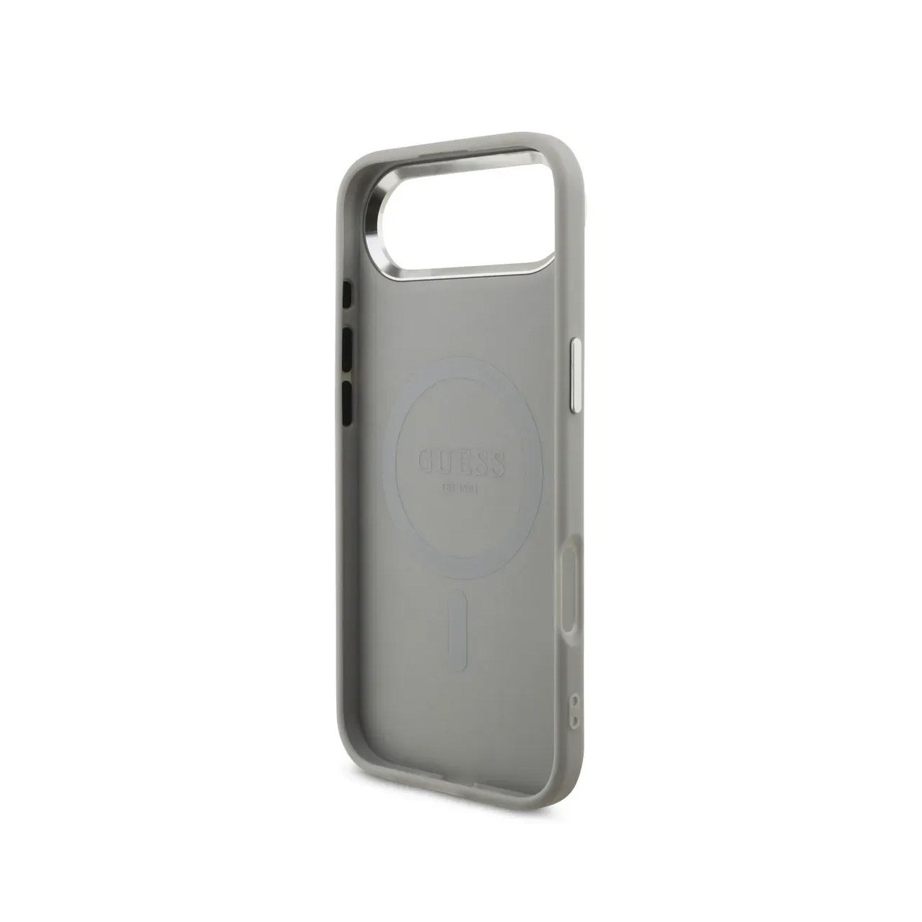 Funda gris para teléfono Guess con recortes para botones y cámara. Anillo magnético visible.