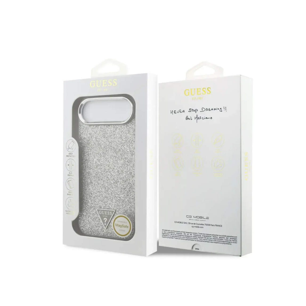 Un paquete de funda Guess que muestra una funda brillante y texto en el frente.