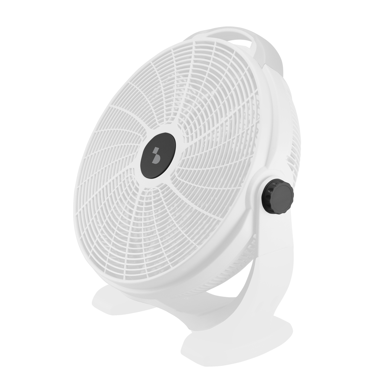 Un ventilatore da tavolo bianco con manopola di controllo e logo neri, su sfondo bianco.