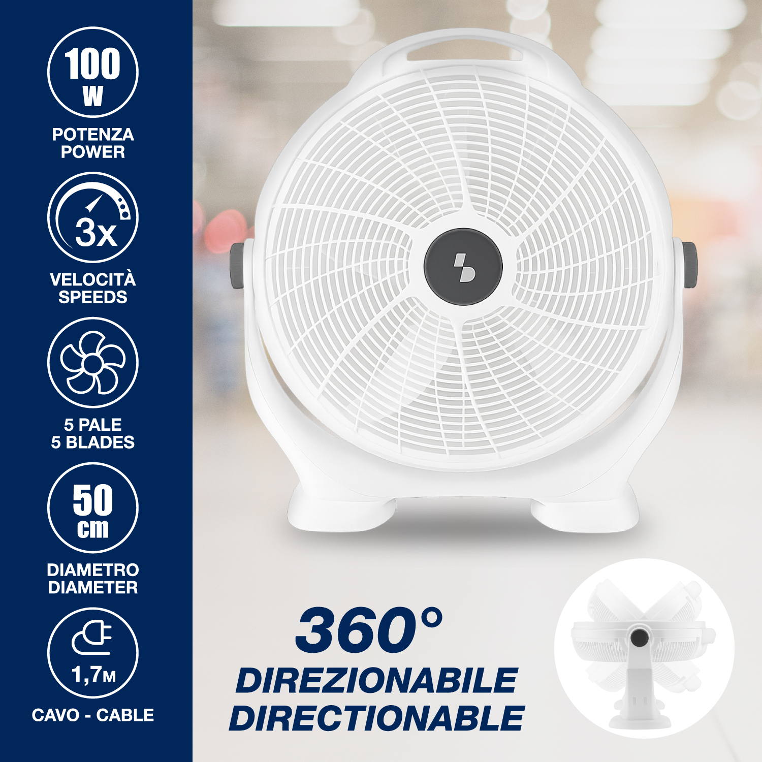 Un ventilatore da terra bianco con 100W, 3 velocità e diametro 50cm.