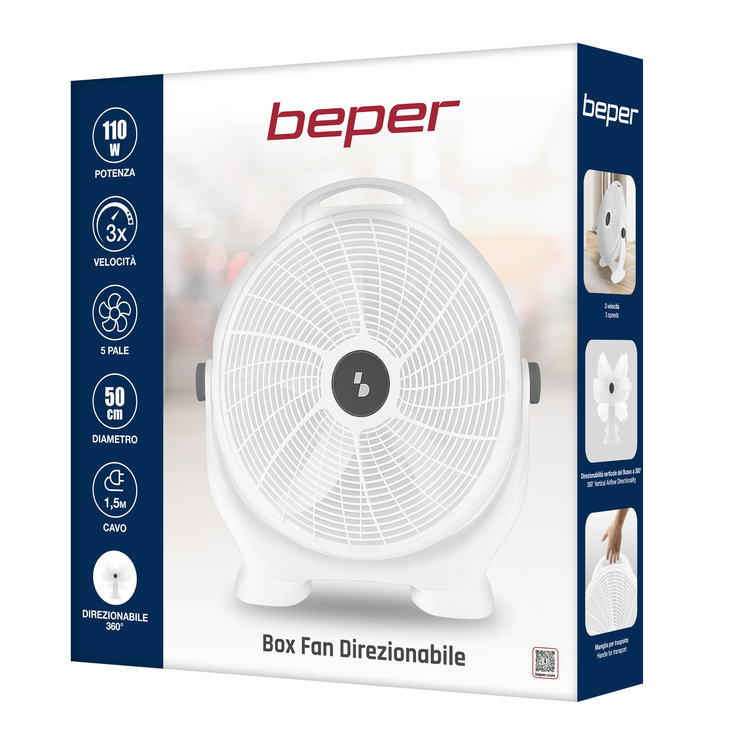 Un ventilatore a scatola bianco con 5 pale, 110W di potenza e 3 velocità.