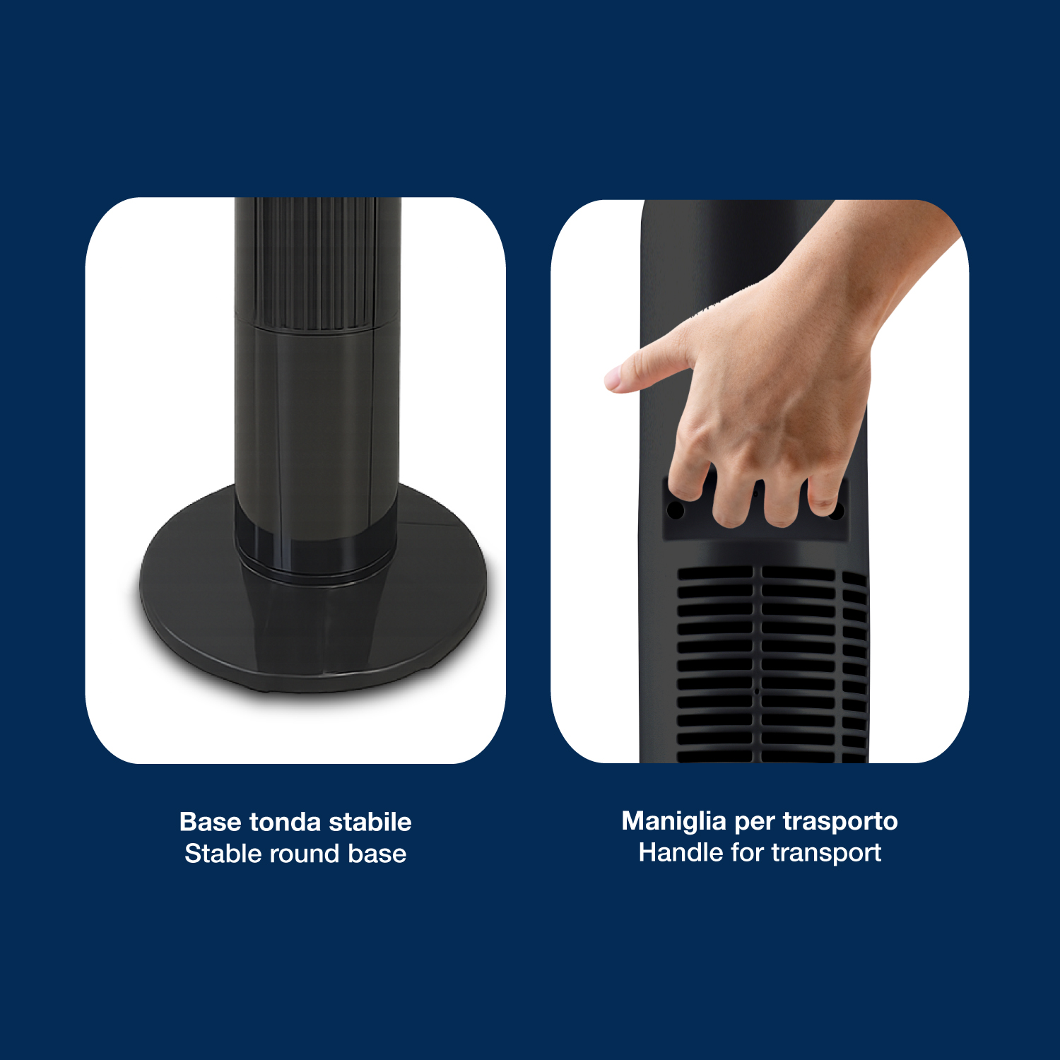 Ventilatore a torre nero con base tonda e mano che tiene una maniglia.