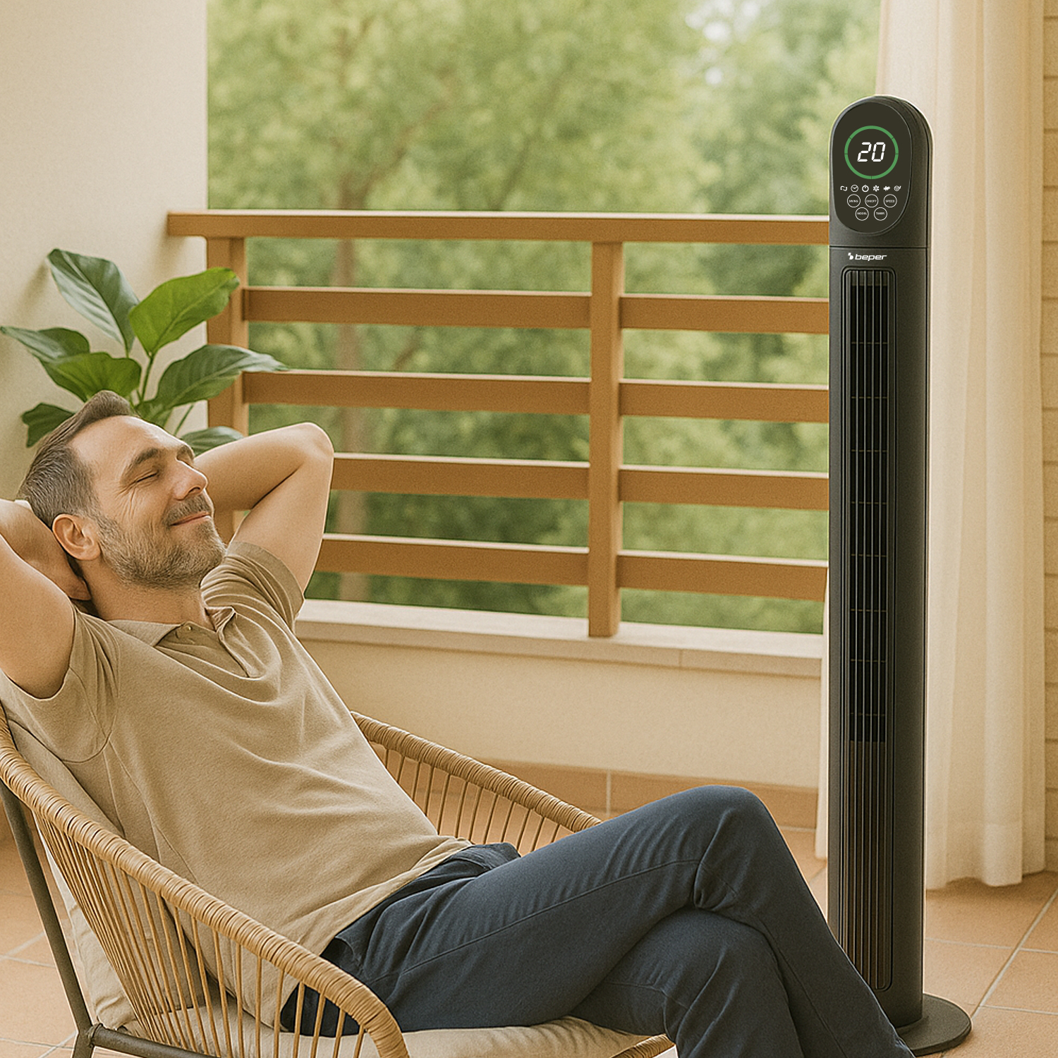 Uomo rilassato su una sedia sul balcone accanto a un ventilatore a torre.