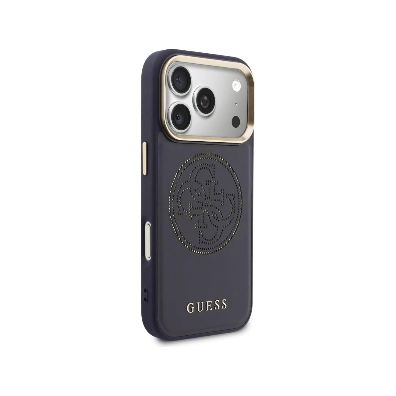 Funda morada oscura para teléfono con borde dorado, recorte de cámara y logo Guess.