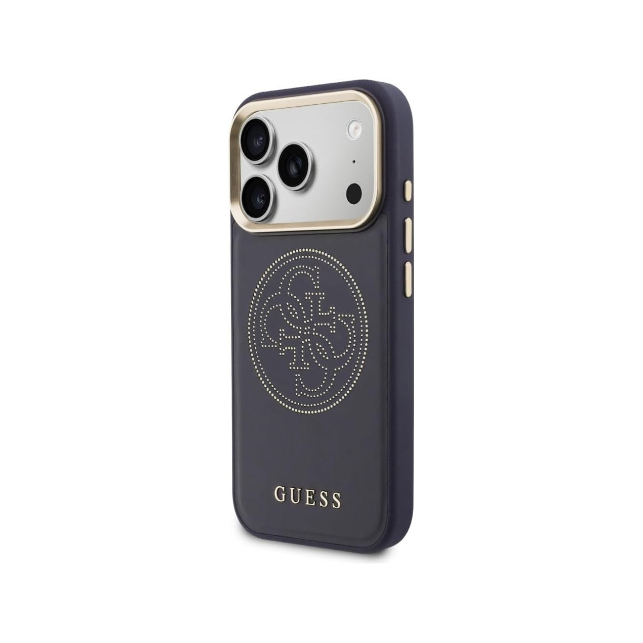 Funda azul oscuro con logo Guess y recorte de cámara.