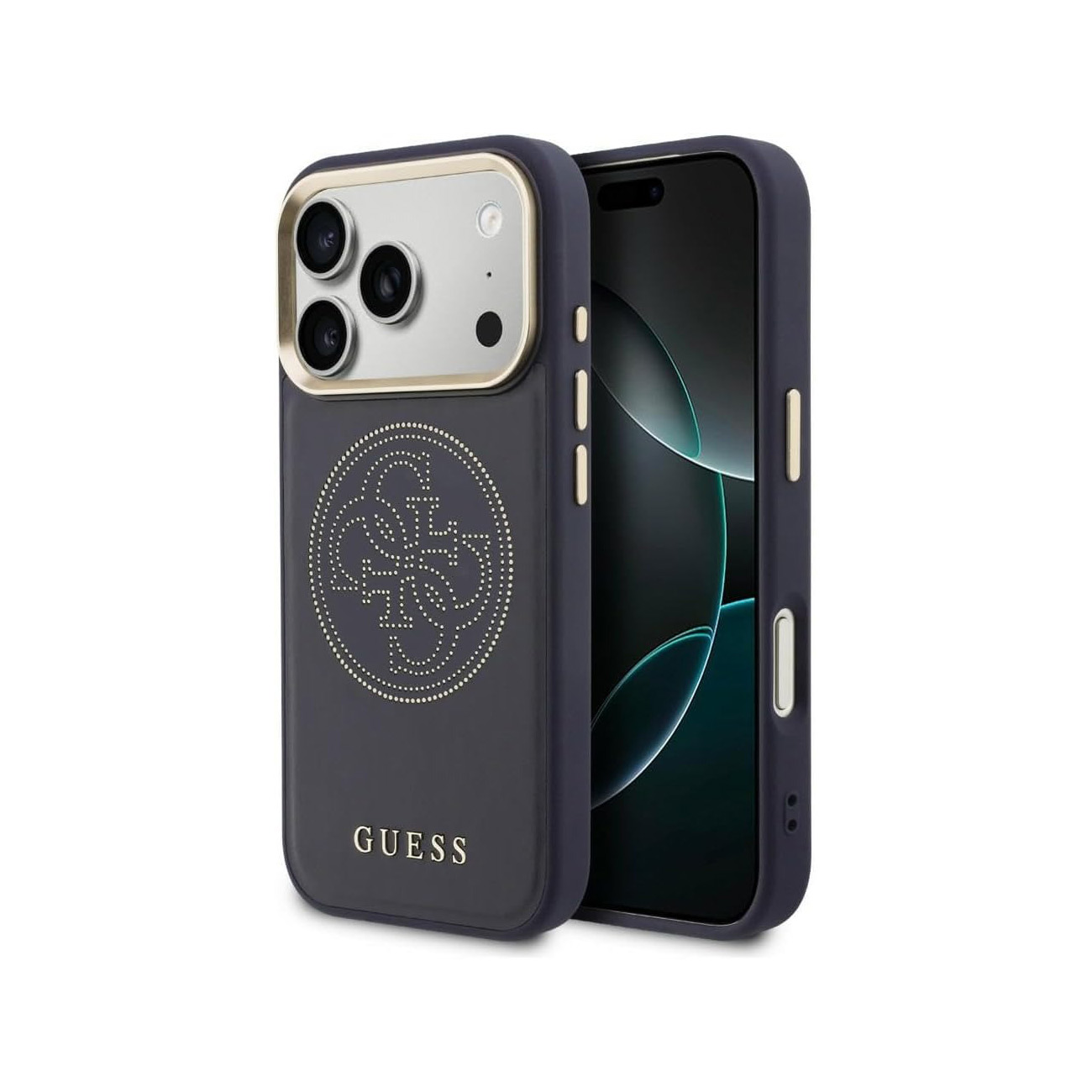 Funda de teléfono gris oscuro con logo GUESS y diseño circular, junto a un teléfono.