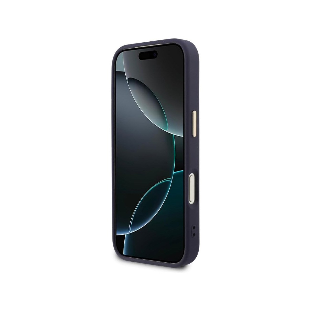 Una funda de teléfono azul oscuro sobre fondo blanco, mostrando botones laterales y pantalla.
