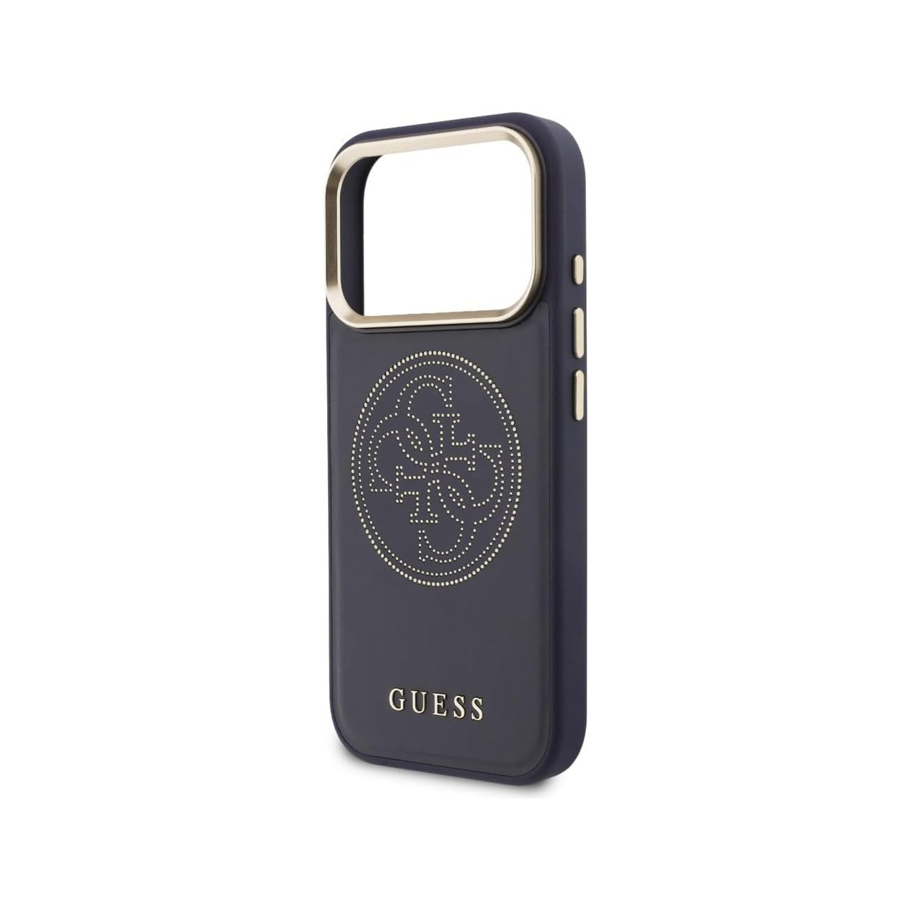 Funda azul oscura con logo Guess y borde dorado.