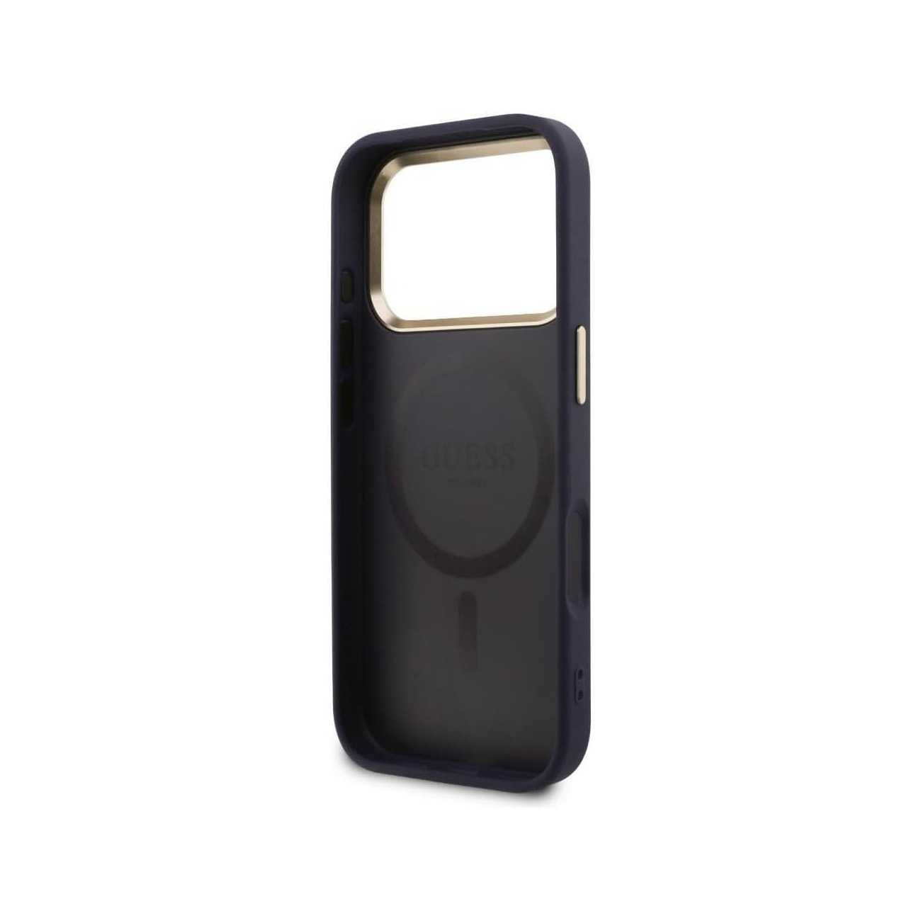 Funda de teléfono azul oscuro con borde dorado y logo GUESS detrás.