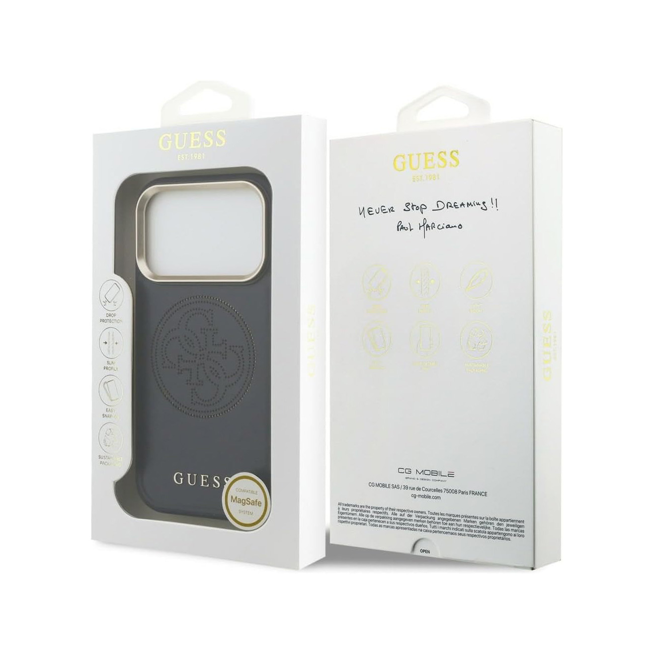 Funda de teléfono GUESS gris con compatibilidad MagSafe y características.