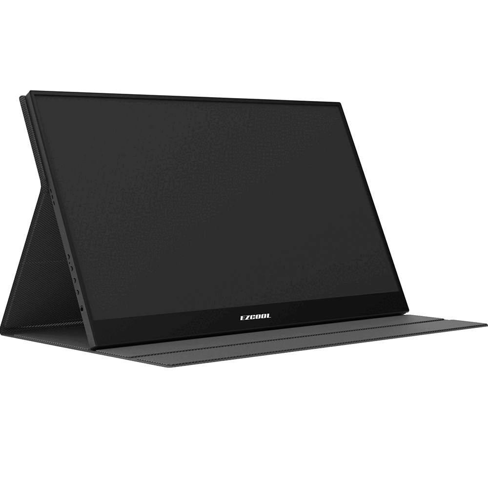 Standlı ve koruyucu kapaklı siyah taşınabilir monitör.