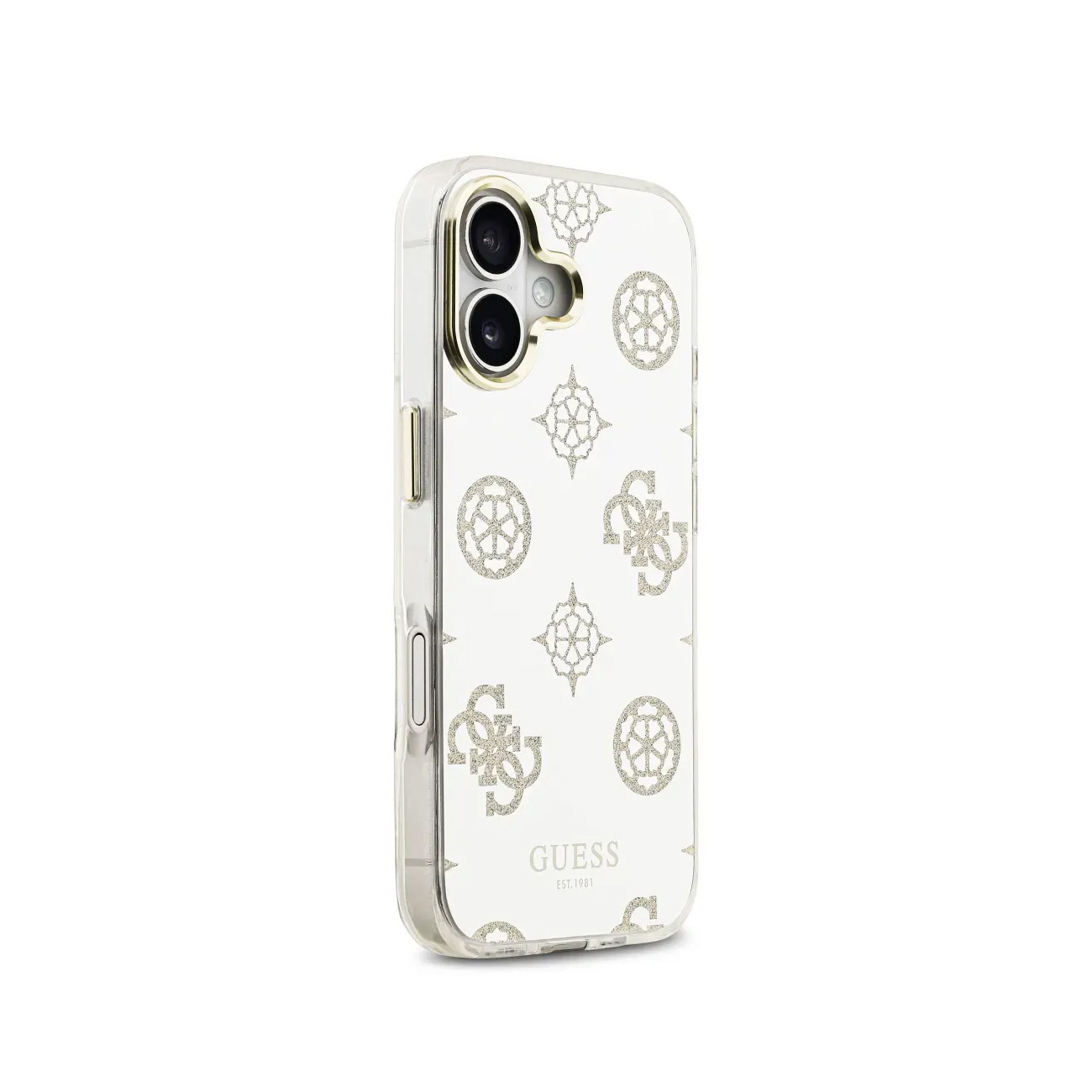 Funda transparente para teléfono con logos y patrones Guess brillantes sobre fondo blanco.