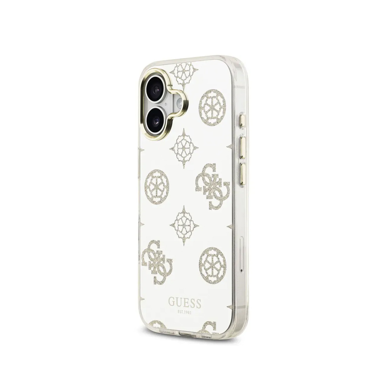 Una funda transparente para teléfono con estampado de logo Guess blanco y brillante y doble cámara.