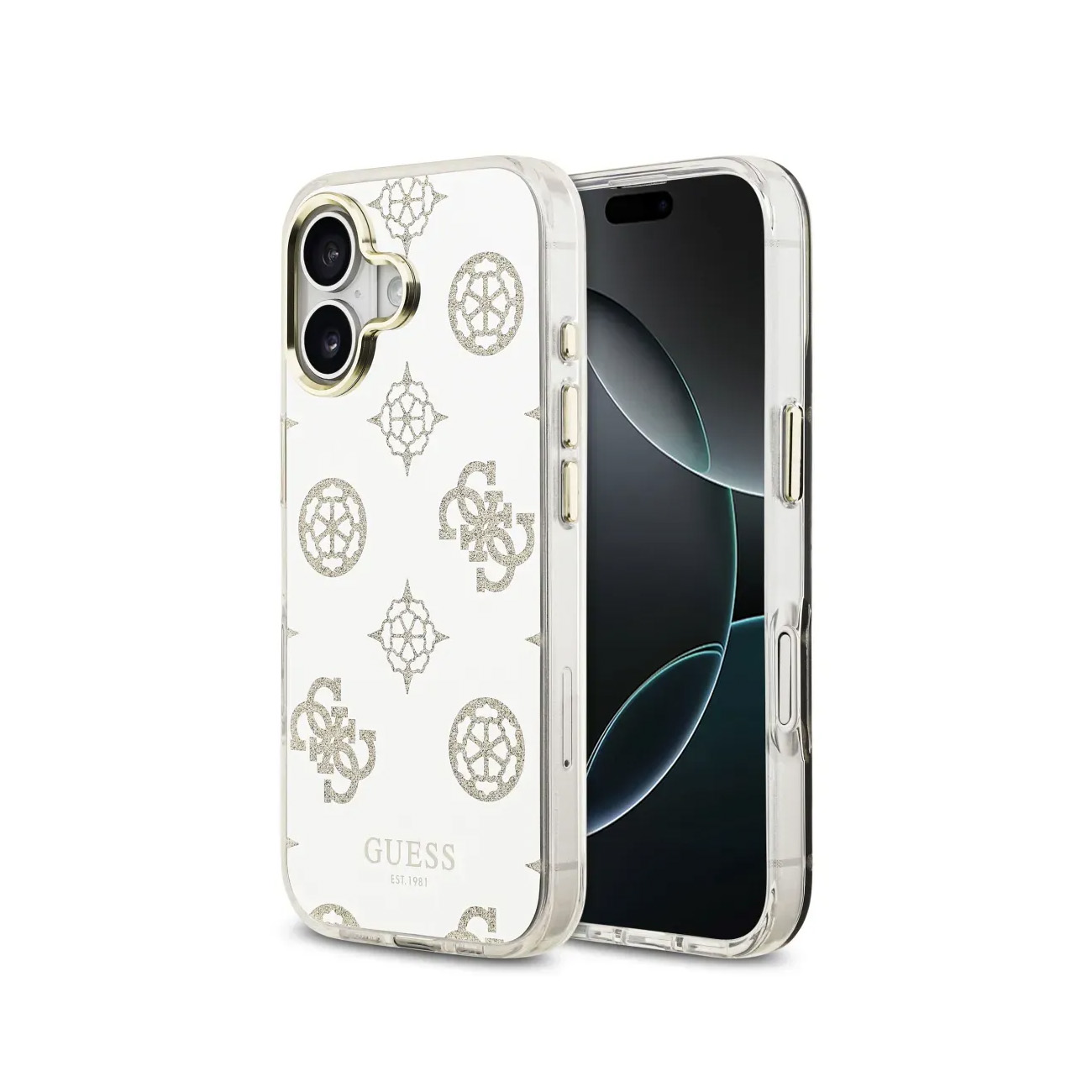 Funda transparente para iPhone con patrón de logo Guess dorado. Teléfono dentro.