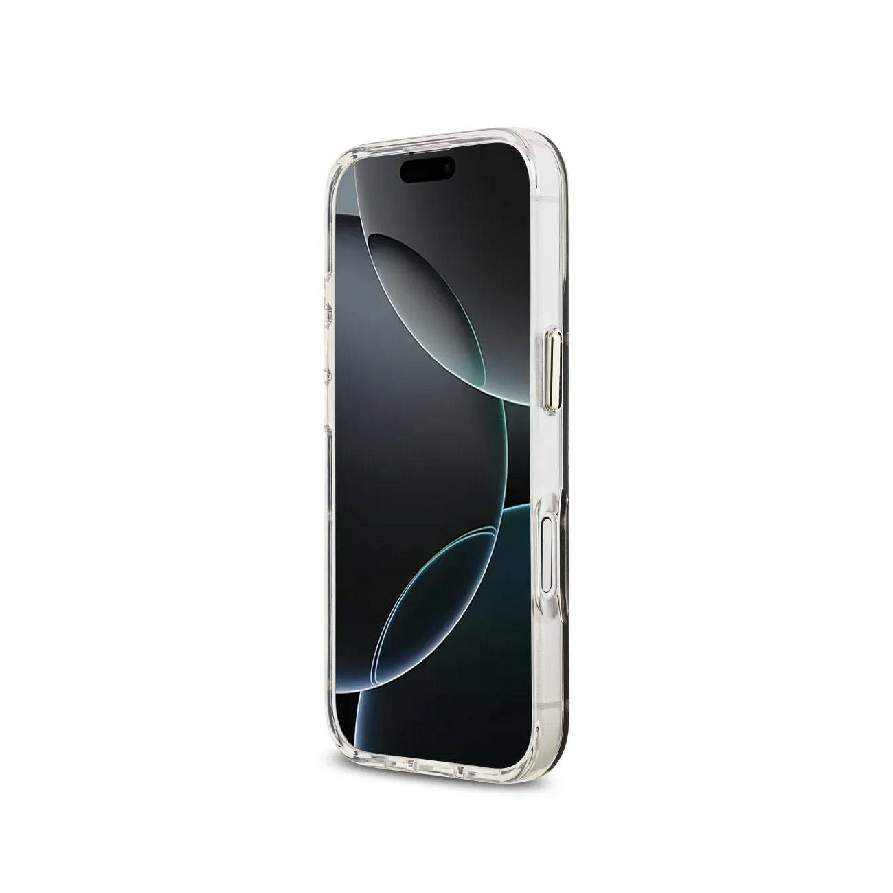 Una funda transparente protege un smartphone con pantalla oscura.