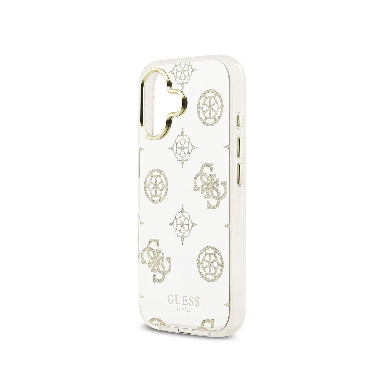 Una funda de teléfono blanca con estampado de logo brillante y borde dorado.