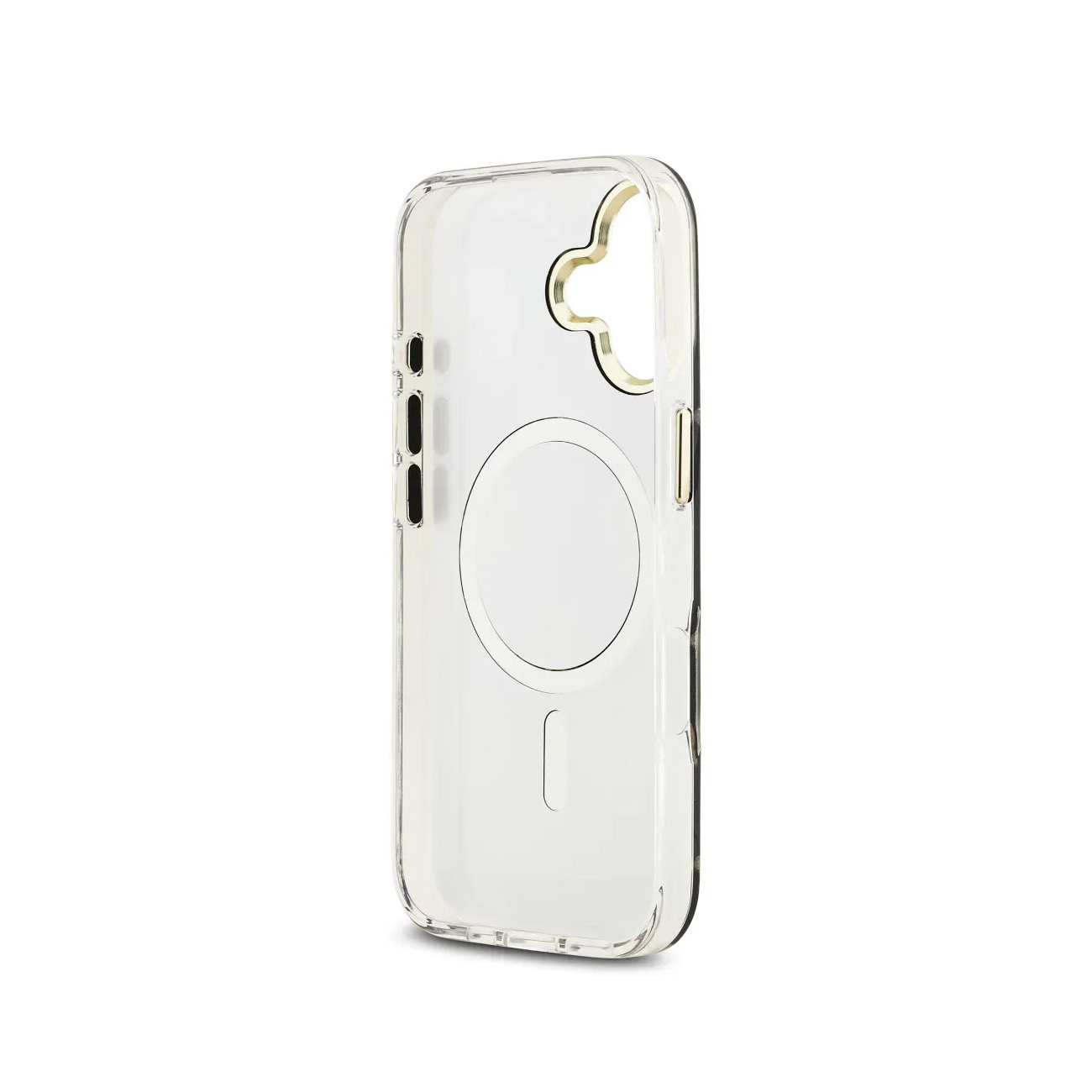 Funda transparente para teléfono con anillo dorado y recortes.