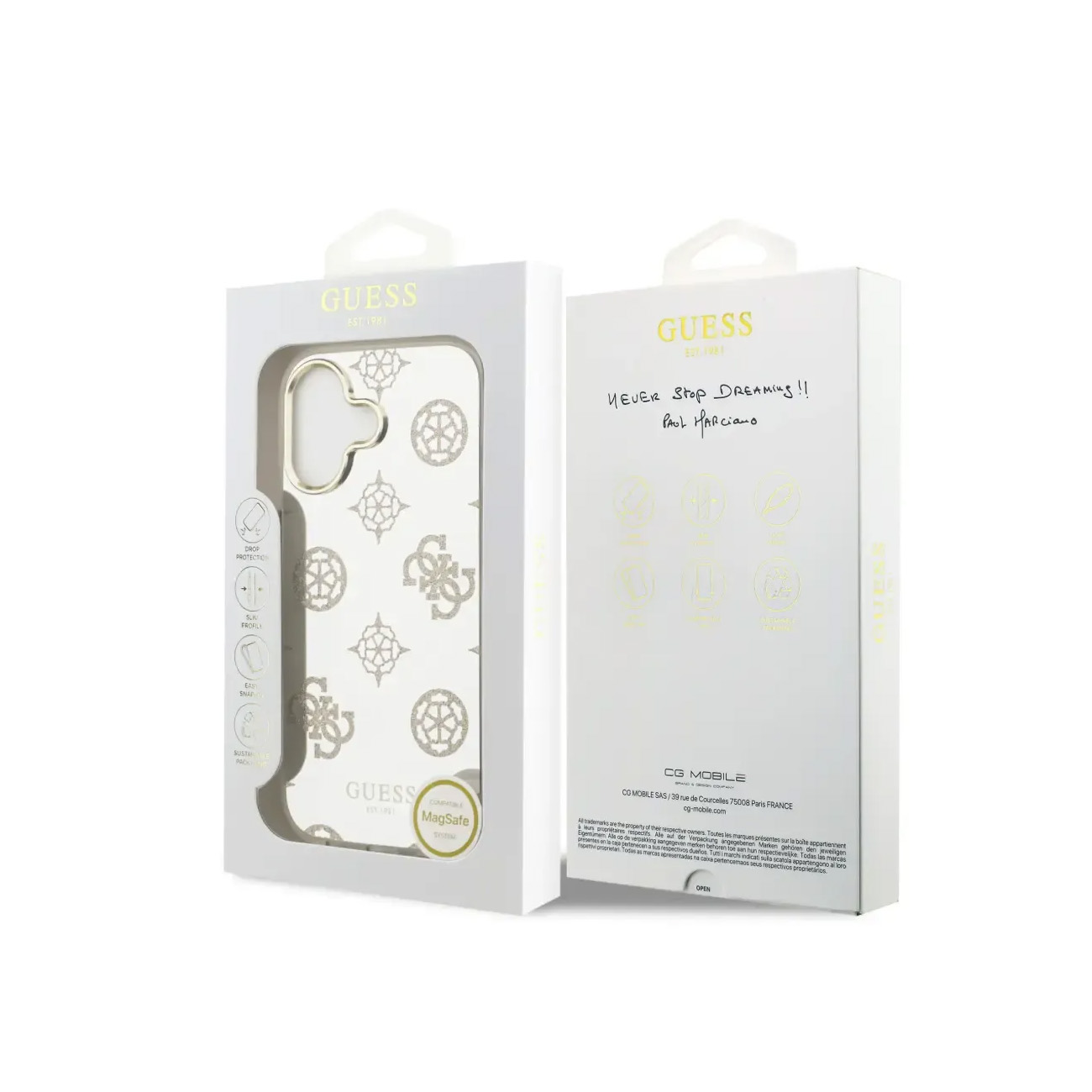 Funda Guess con estampado, compatible con MagSafe, en caja blanca.
