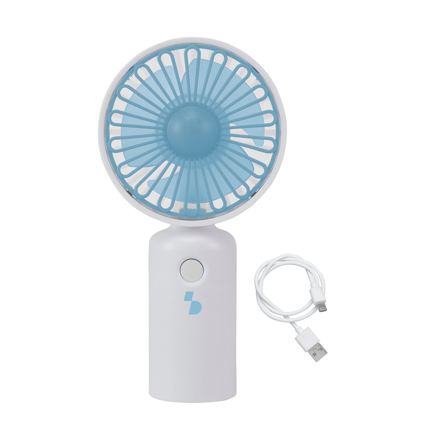 Un ventilatore bianco portatile con pale blu e un cavo USB bianco.