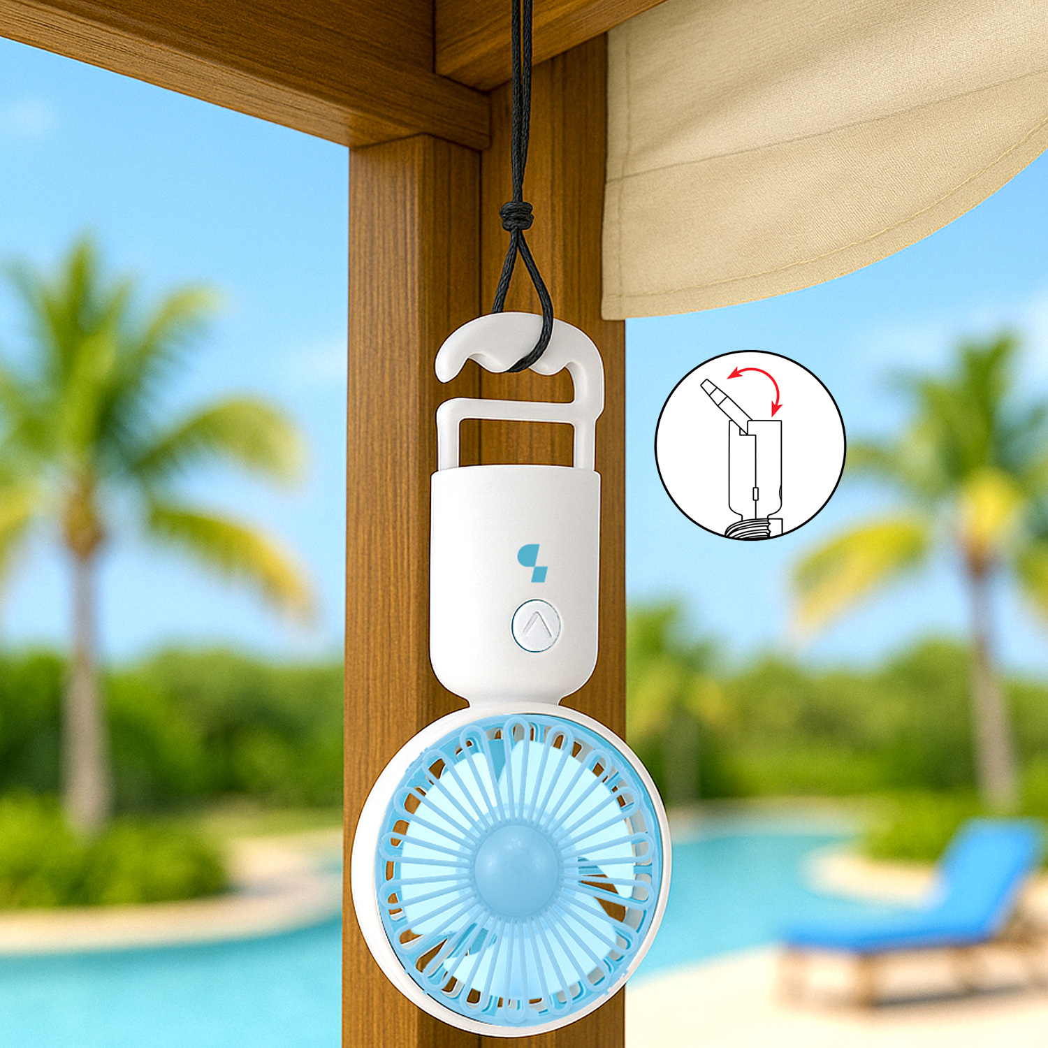 Un ventilatore portatile bianco con pale blu è appeso a una trave di legno all'aperto.