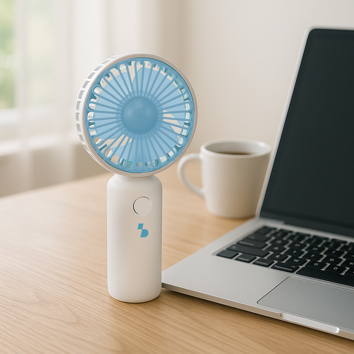 Un ventilatore portatile bianco con pale blu è su una scrivania di legno accanto a un laptop.