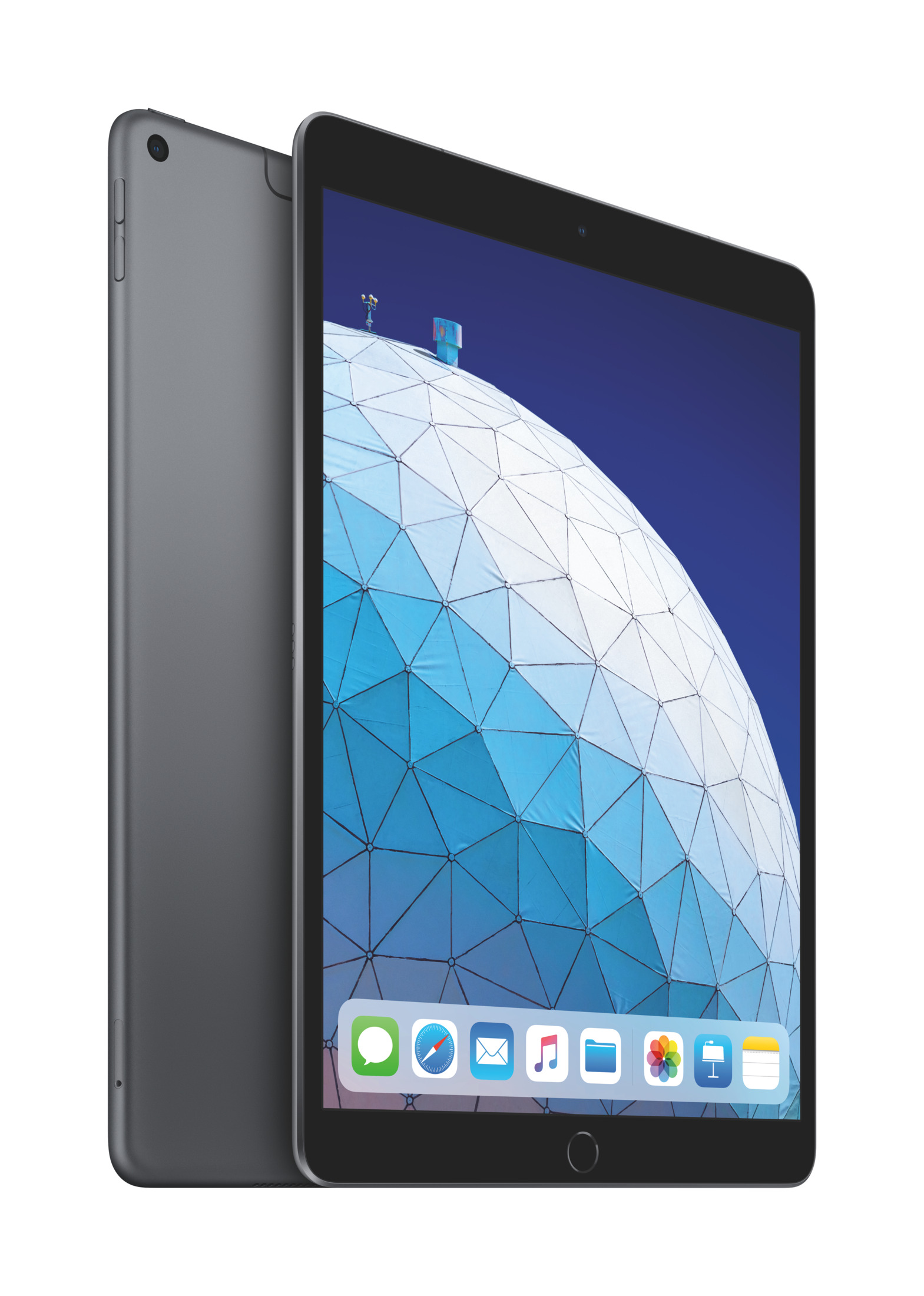 Een grijze iPad met een abstracte blauwe achtergrond en app-icoontjes.