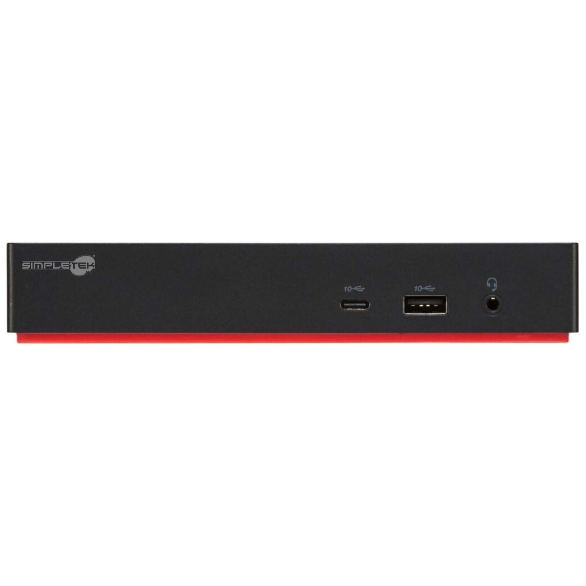Schwarzes SimpleTek-Gerät mit USB-C, USB-A-Anschlüssen, Kopfhörerbuchse und rotem Sockel.