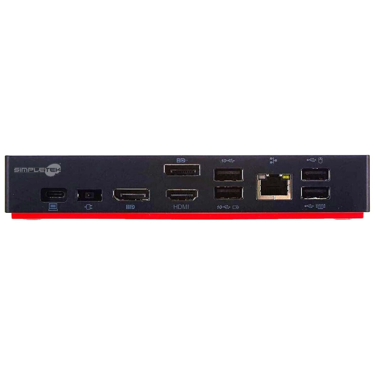 Ein schwarzes Dock mit roten Akzenten, das mehrere Anschlüsse wie USB und HDMI bietet.