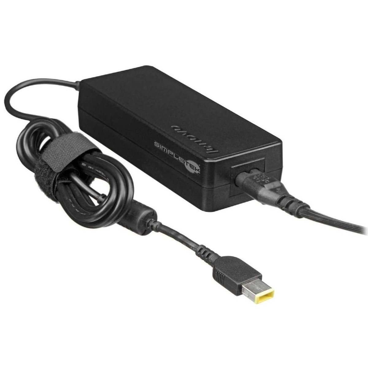 Schwarzes Laptop-Netzteil von Lenovo mit Kabel und Stecker.