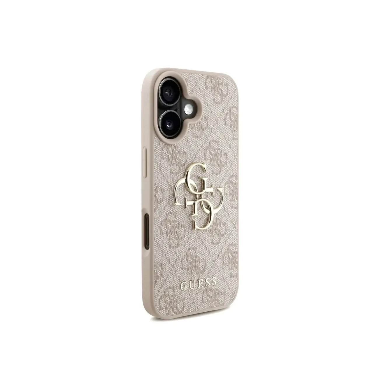 Una funda de teléfono beige con logo y patrón GUESS.