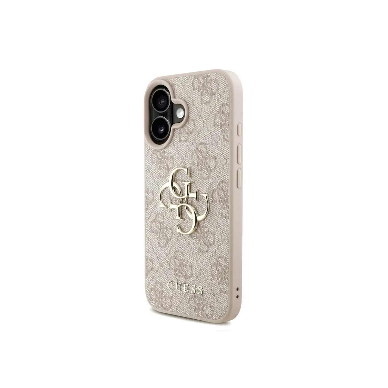 Una funda beige para teléfono con logo y estampado GUESS.
