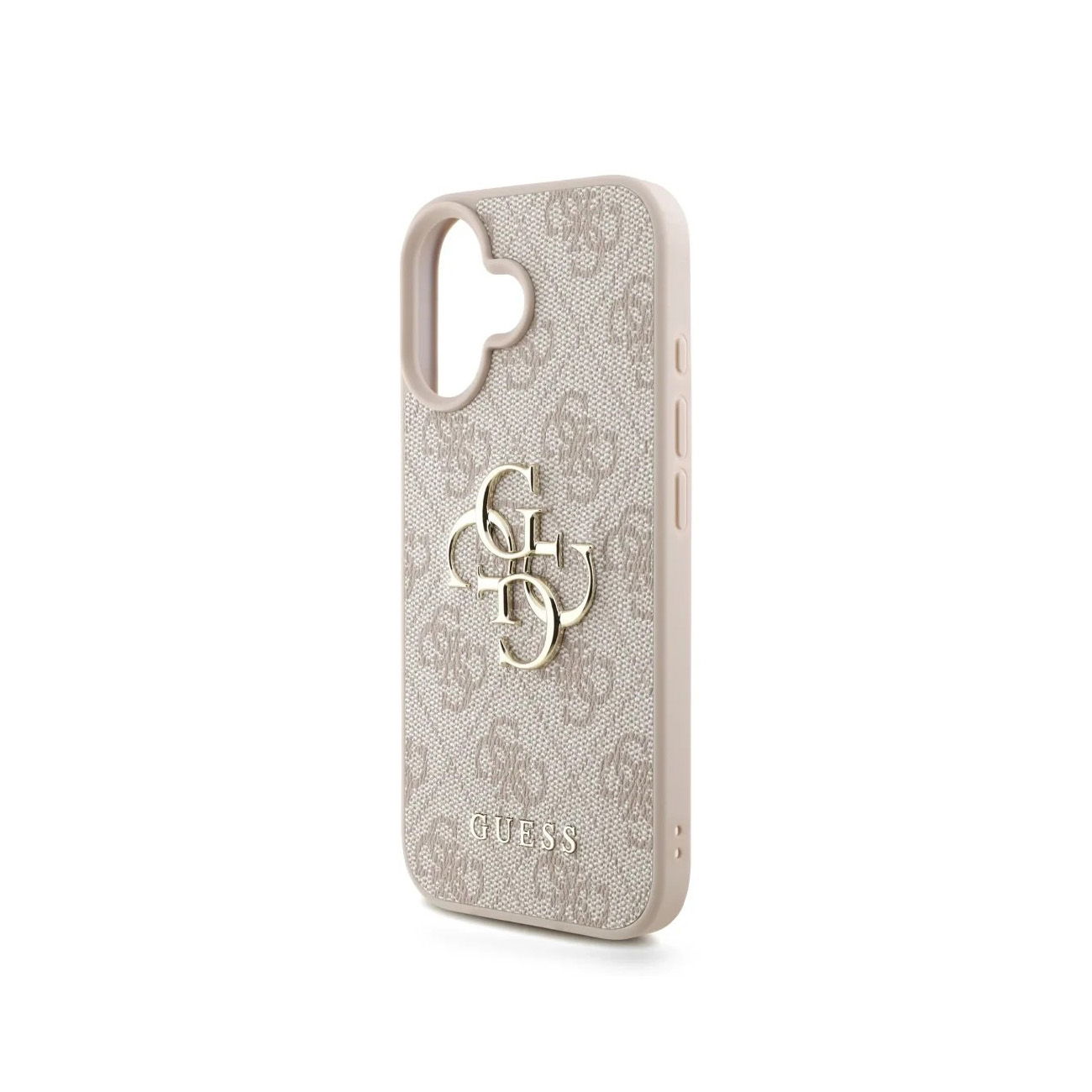 Una funda de teléfono marrón claro con logo y estampado Guess.