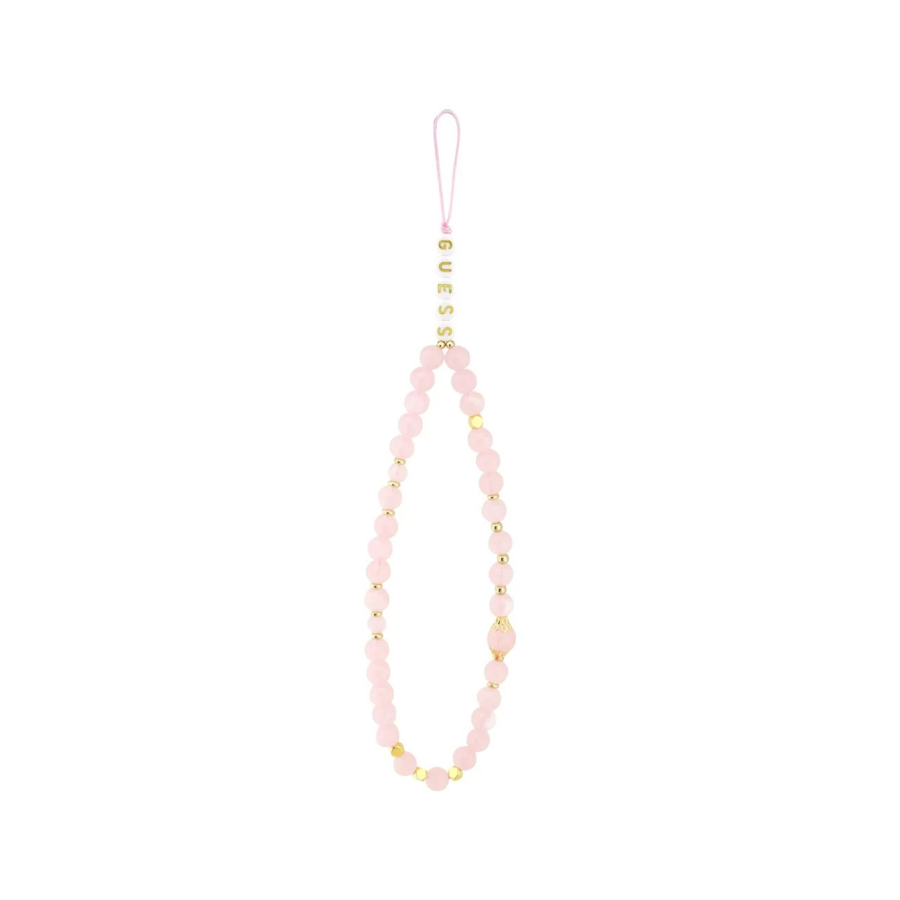 Una pulsera de cuentas rosas con detalles dorados y la palabra GUESS.