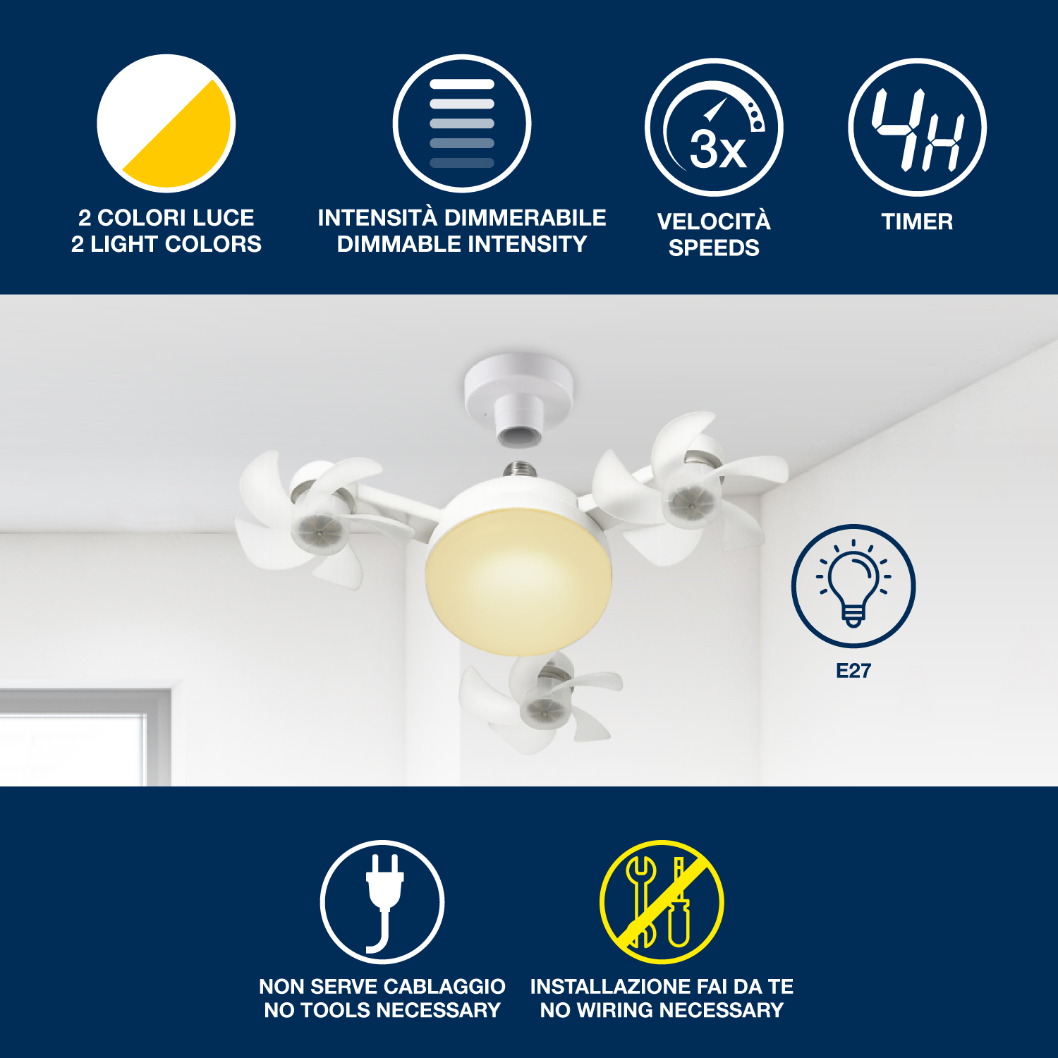 Ventilatore da soffitto con luce: 2 colori, intensità dimmerabile, 3 velocità, timer E27.