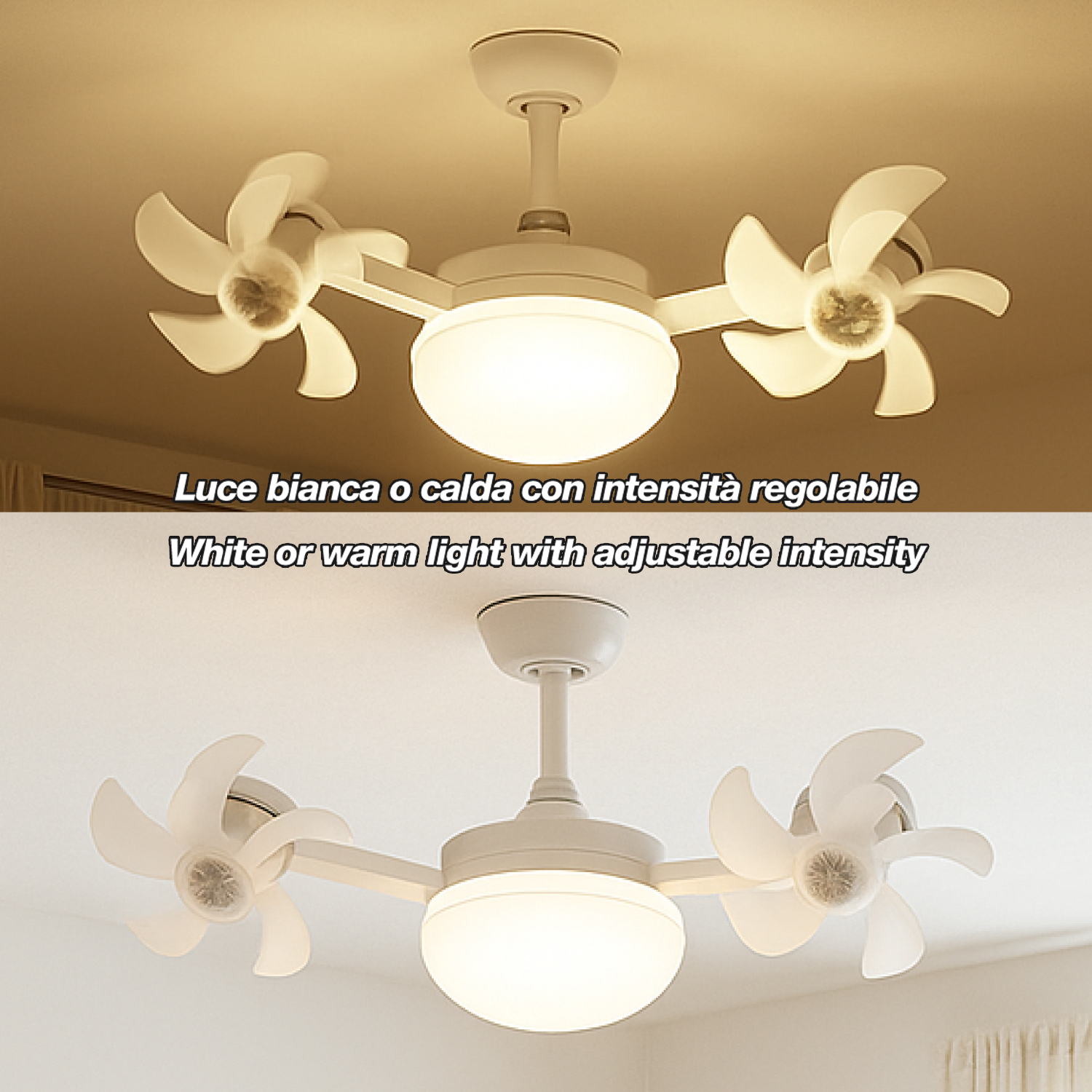 Un ventilatore da soffitto bianco con luce, che emette luce bianca o calda.