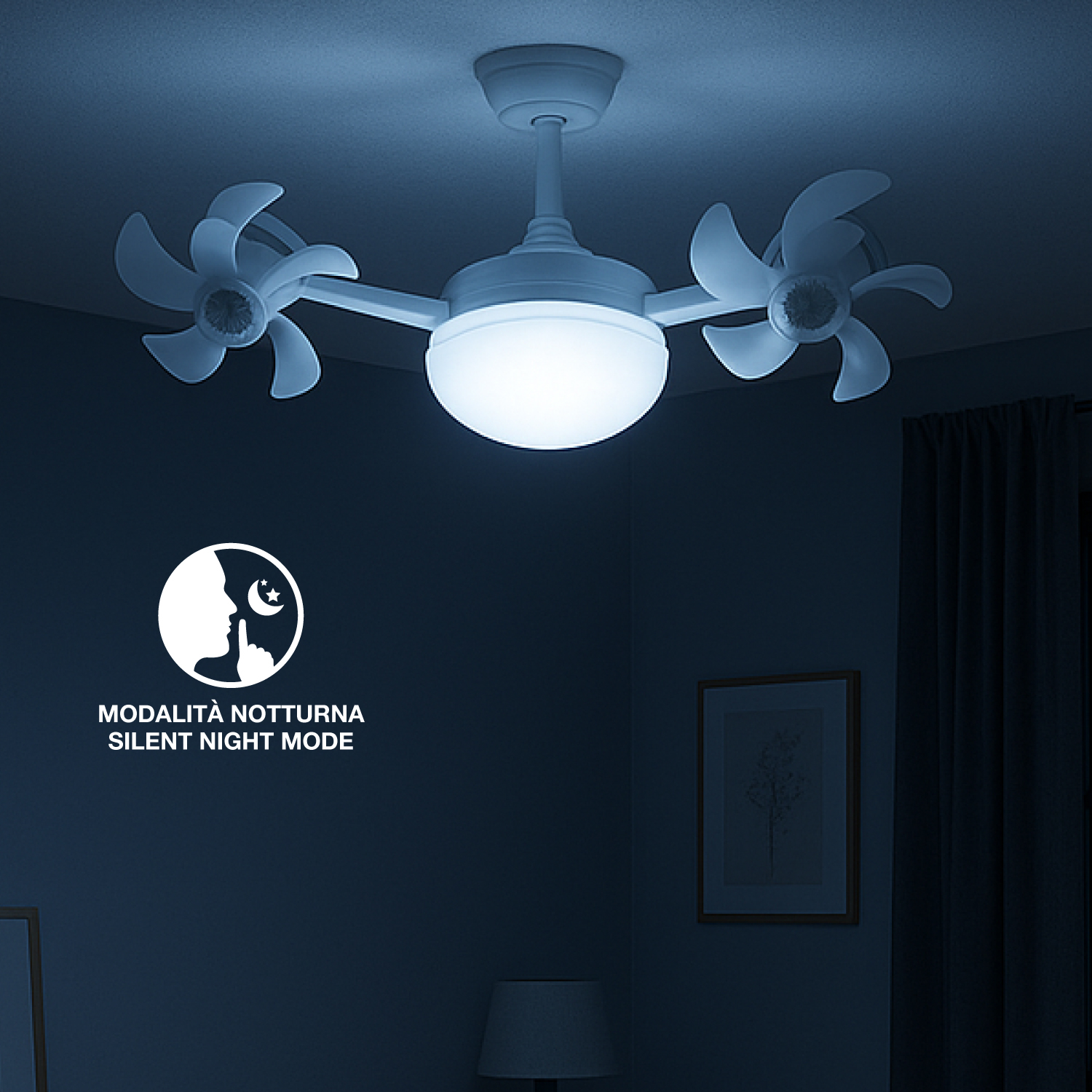 Ventilatore da soffitto con luce e icona modalità notturna.