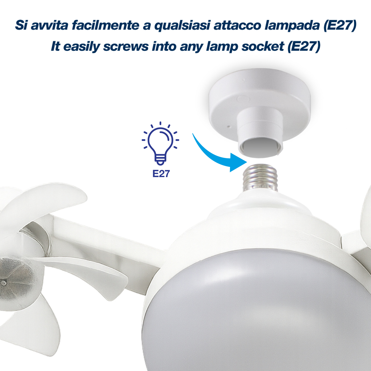 Una lampada bianca con pale a ventola si avvita in un attacco E27.