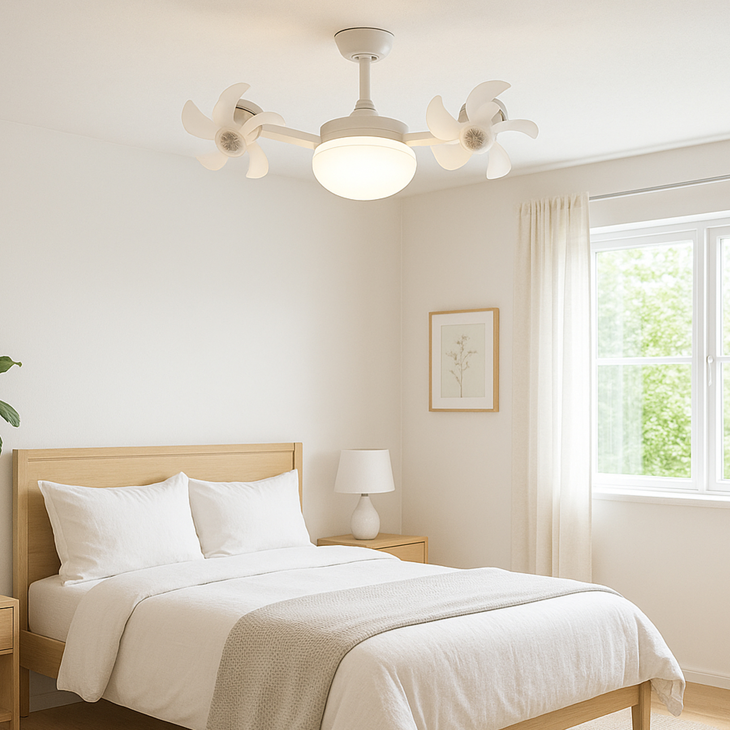 Una luce ventilatore da soffitto bianca sopra un letto con biancheria da letto bianca.