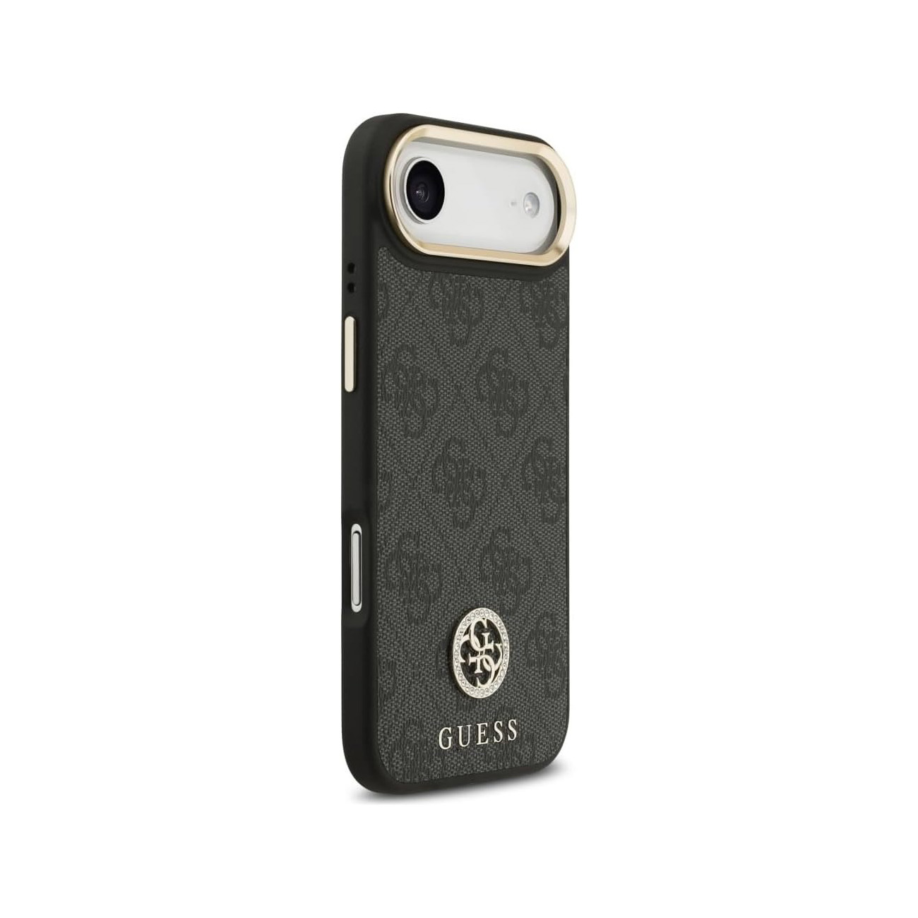 Funda de teléfono negra con logo GUESS y estampado monograma.