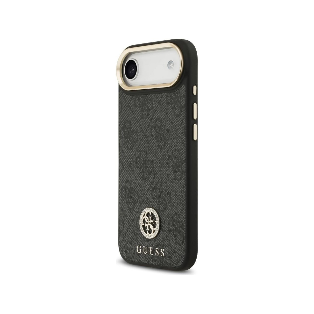 Funda de teléfono negra con logo GUESS y estampado monograma.