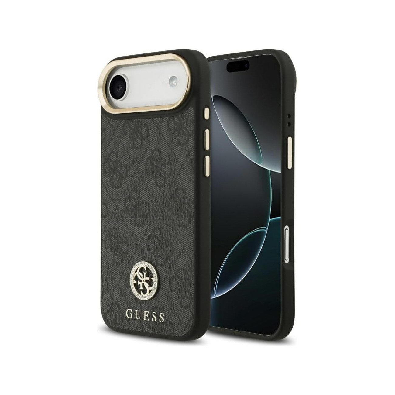Funda de teléfono negra con logo y patrón Guess, junto a un smartphone.