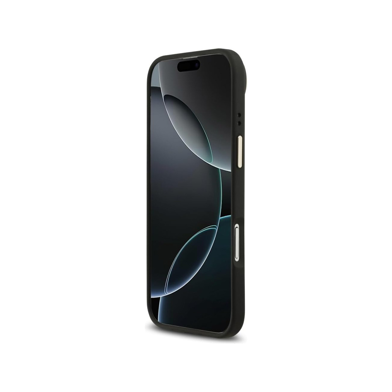 Un smartphone negro con funda protectora sobre fondo blanco.