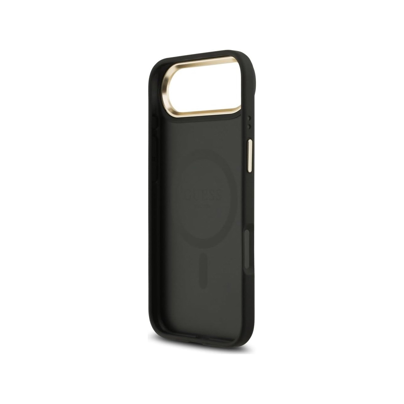 Funda negra para teléfono con borde dorado y logo Guess.