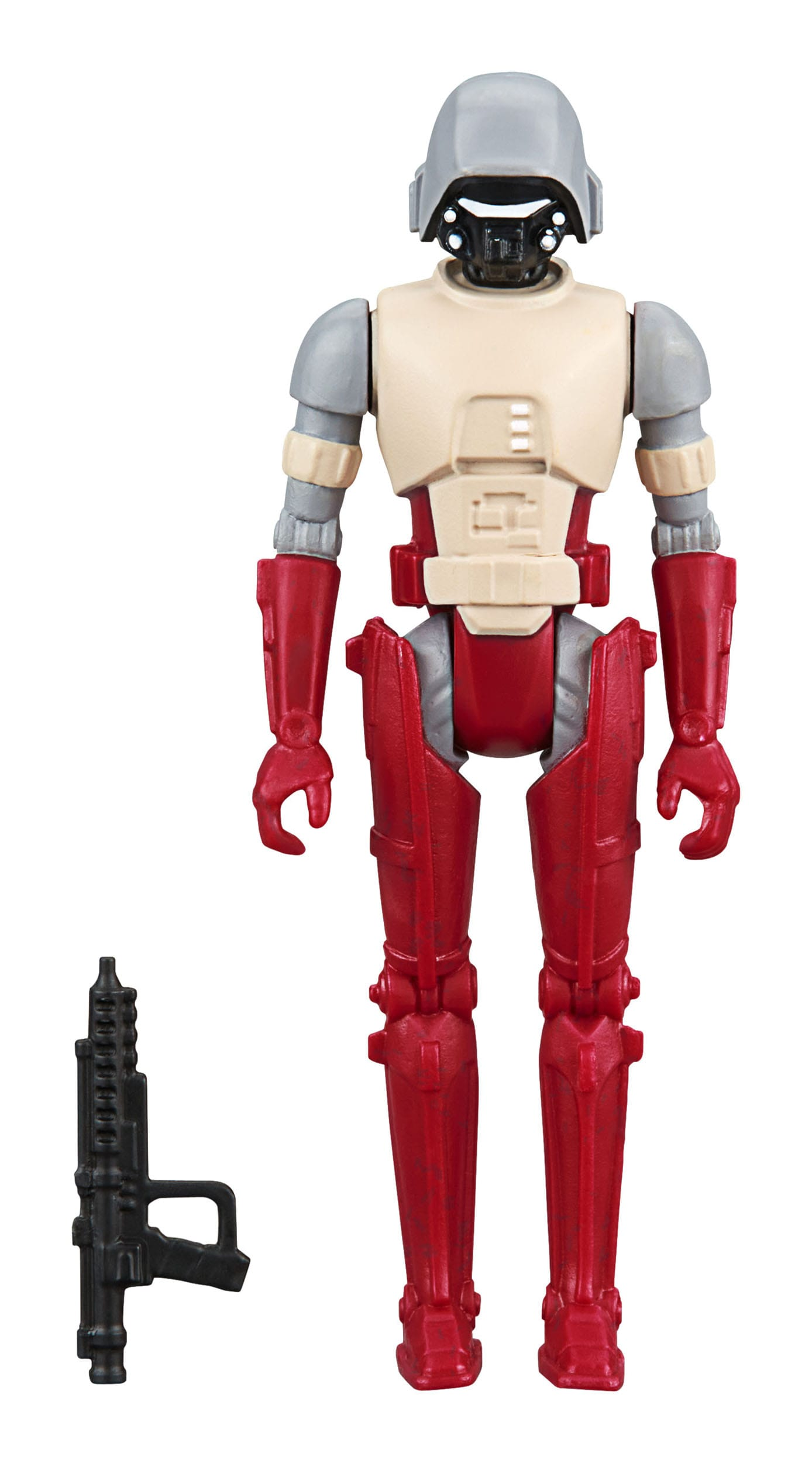 Un juguete de robot rojo, beige y gris con un arma negra.