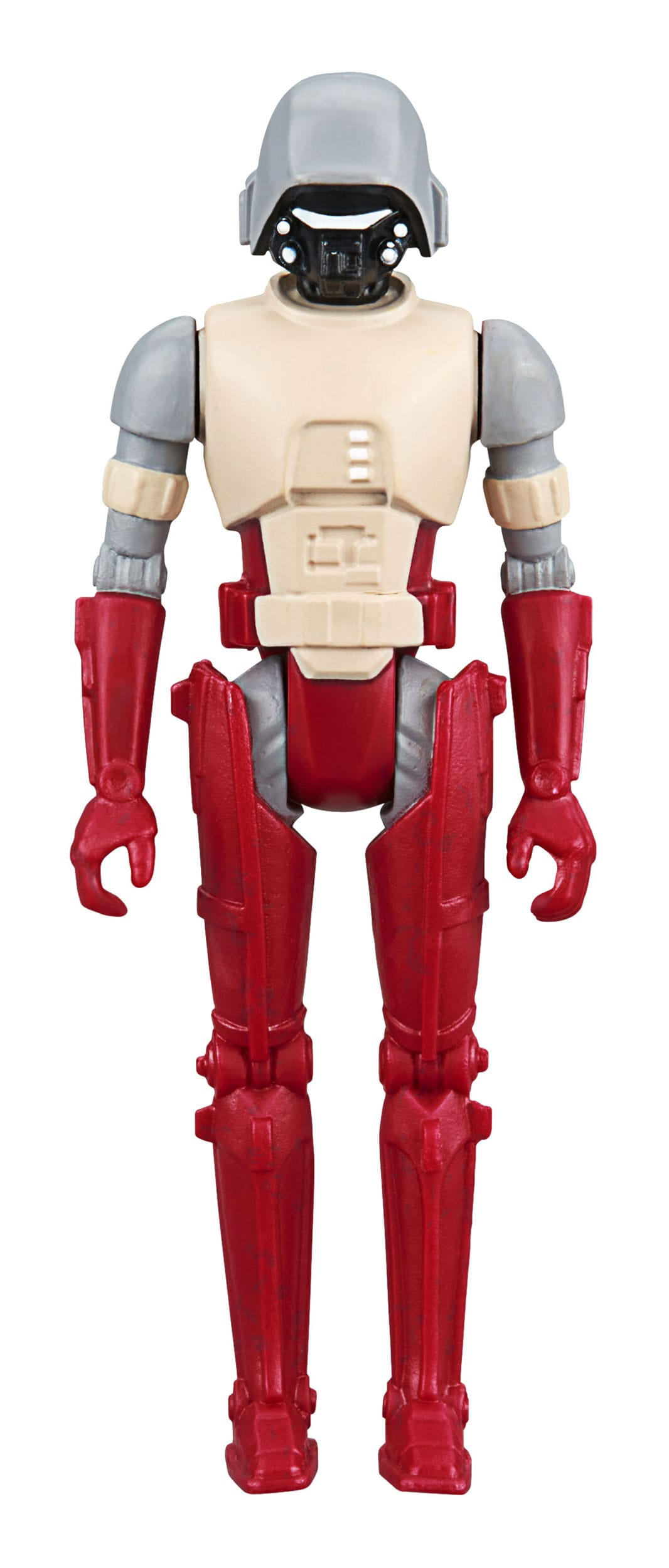 Un robot de figura de acción rojo y crema con casco gris.