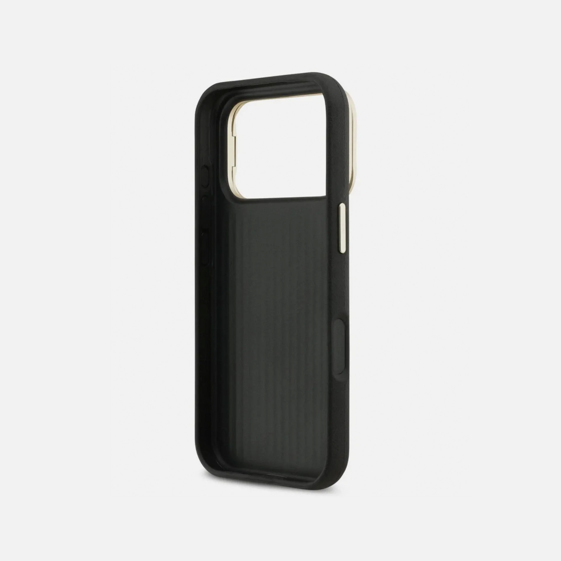 Custodia nera per telefono con bordo dorato, retro scanalato, su sfondo bianco.