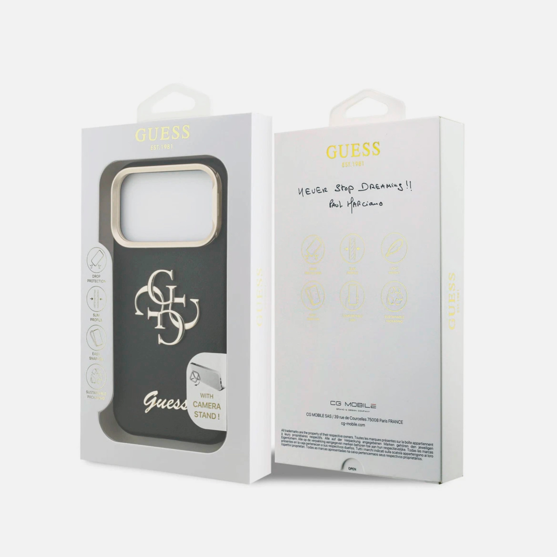 Custodia Guess in confezione con logo e testo.